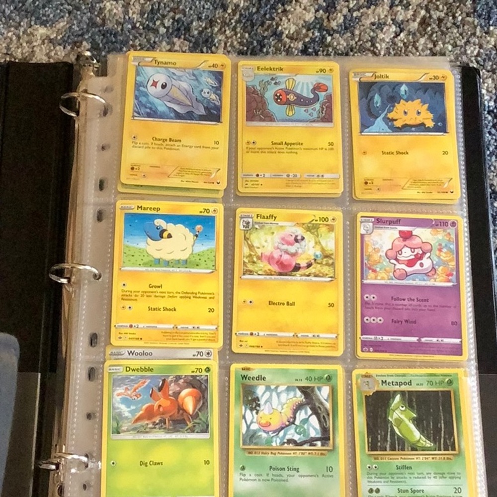 This is a Pokémon card binder filled with eleven card sheets